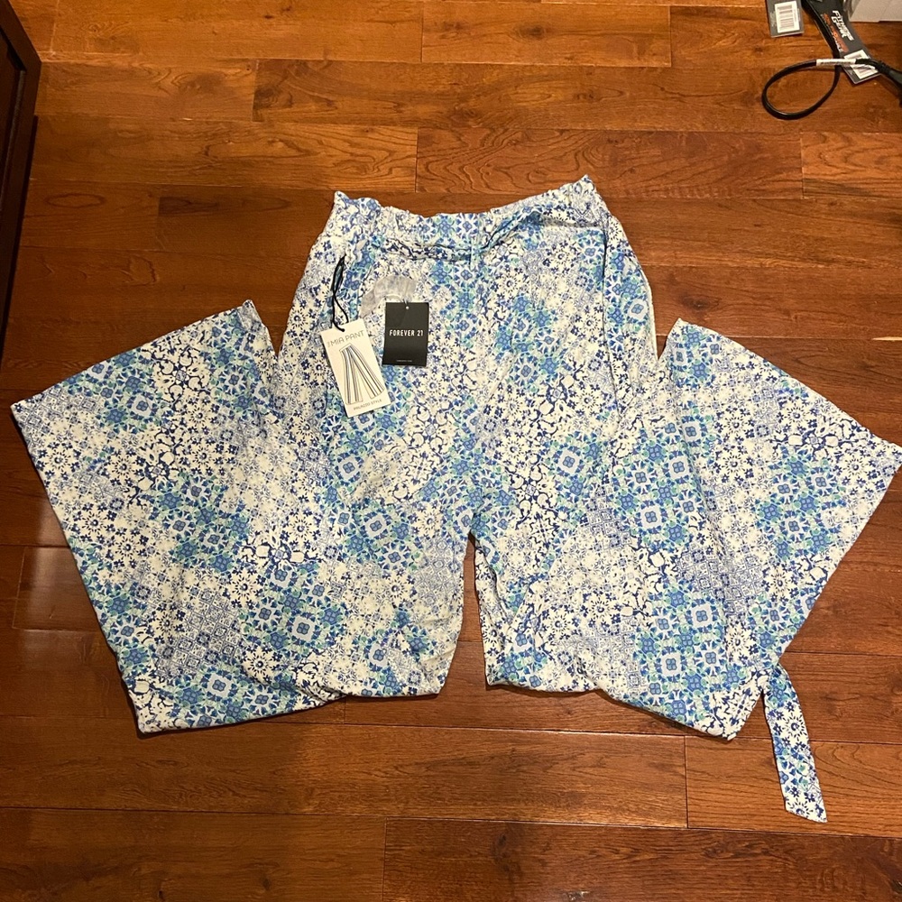 Forever 21 Blue White Summer Casual Palazzo Wide Legs Pants VINTAGE